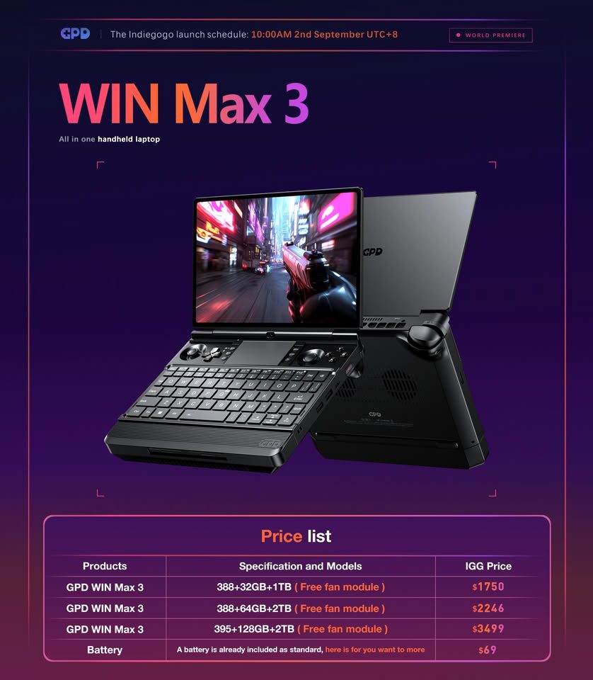 GPD Win Max 3 starts at $1,750, top-end model with Ryzen AI Max+ 395 and 128 GB RAM costs $3,499 GPD Win Max 3 starts at $1,750, top-end model with Ryzen AI Max+ 395 and 128 GB RAM costs $3,499